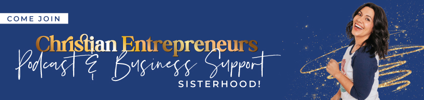 Dark-haired woman inviting you to join her facebook group christian entrepreneurs podcast & business support sisterhood!