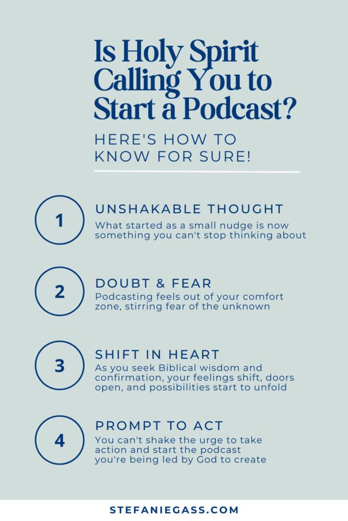 Infographic of 4 Ways to know if Holy Spirit is calling you to start a podcast. The four ways are: unshakable thought, doubt and fear, shift in heart, prompt to act. File name: 466-Four-Phases-to-Know-if-Holy-Spirit-is-Speaking-to-You-Stefanie-Gass