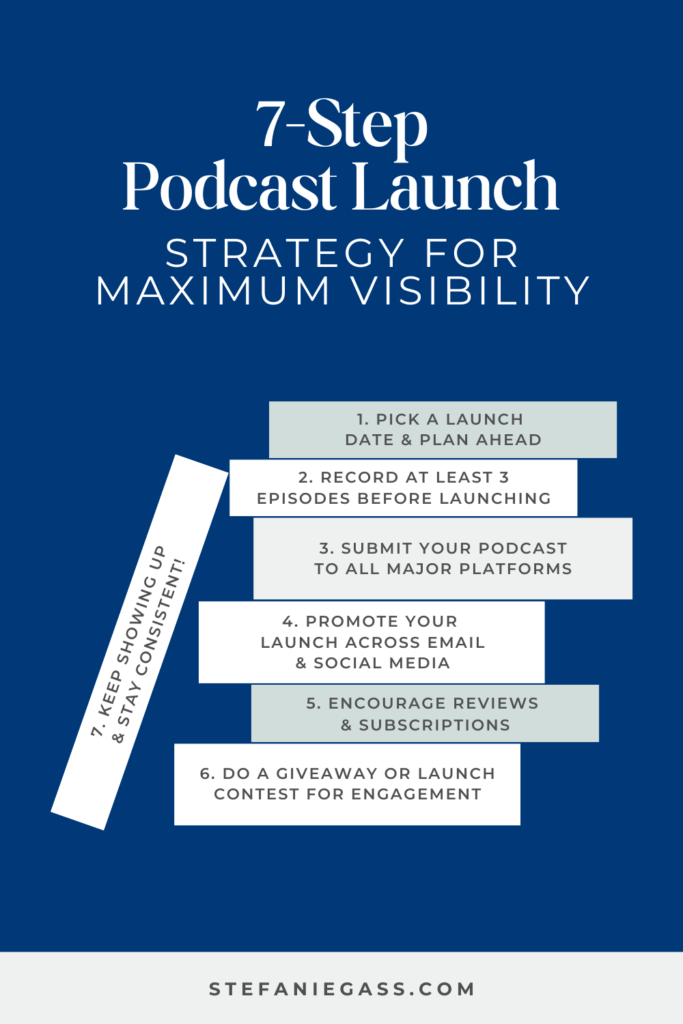 Infographic by Stefanie Gass teaching a seven-step strategy to launch a podcast for maximum visibility. The image title is: Ep-485-Step-By-Step-Podcast-Launch-Checklist-Making-a-Podcast-a-Reality-in-30-Days-or-Less-Stefanie-Gass-Infographic