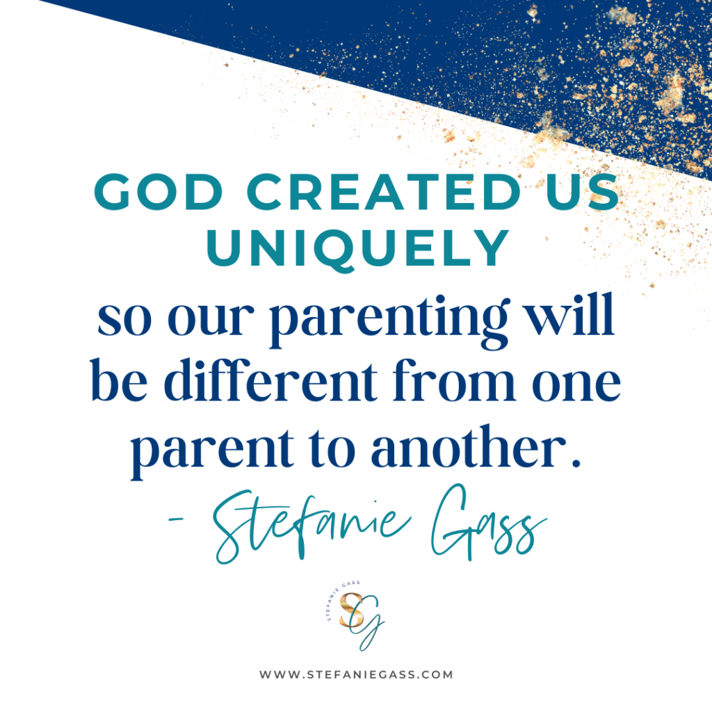 Navy blue and gold splatter background with quote God created us uniquely so our parenting will be different from one parent to another. -Stefanie Gass