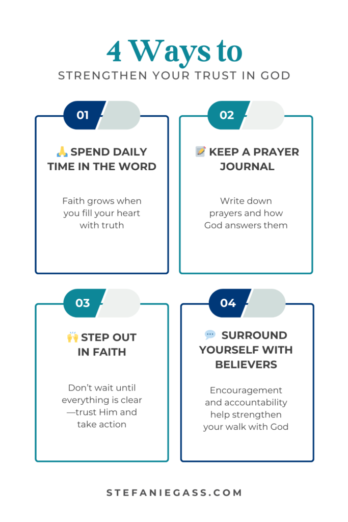 Infographic by Stefanie Gass about four ways to strengthen your trust in God. Spend daily time in the Word, keep a prayer journal, step out in faith, and surround yourself with believers. The image title is: Ep-516-Five-Bible-Verses-About-Trusting-Gods-Direction-and-Growing-in-Your-Faith-Stefanie-Gass-Infographic