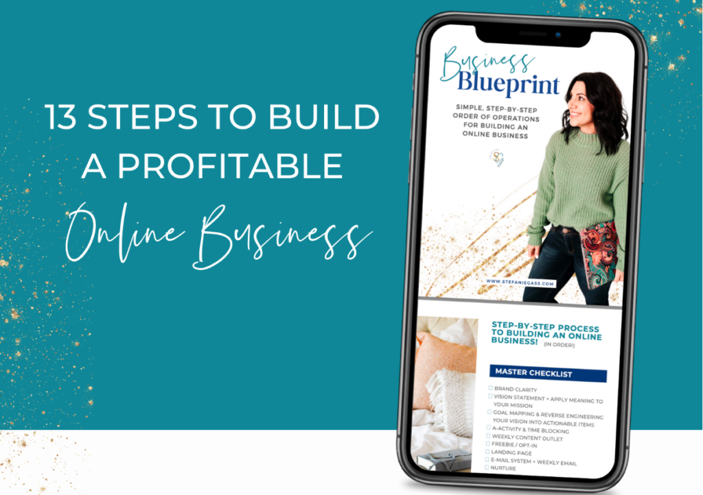 Cell phone with dark-haired woman smiling with title 13 steps to build a profitable online business. business blueprint. stefaniegass.com