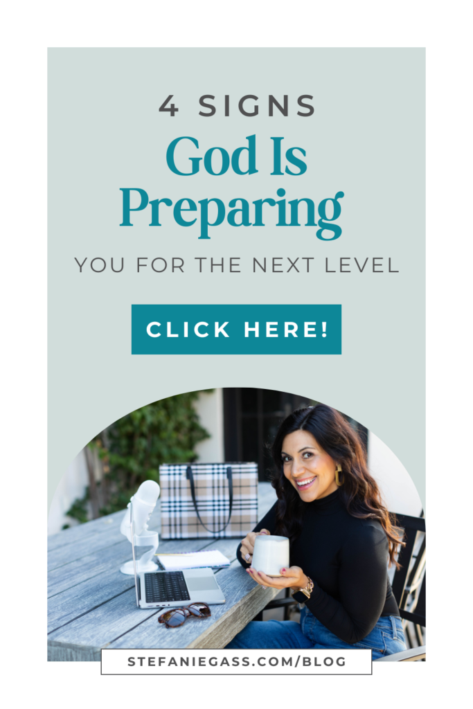 Dark haired woman with coffee in hand smiling to the camera. Title: 4 Signs God is Preparing Your For The Next Level. Name of file:
signs-God-is-taking-you-to-the-next-level-Stefanie-Gass-Blog