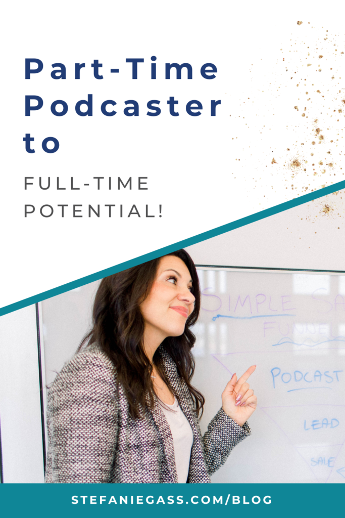 Gold splatter background and image of dark-haired woman and title Part-time podcaster to full-time potential! stefaniegass.com/blog
