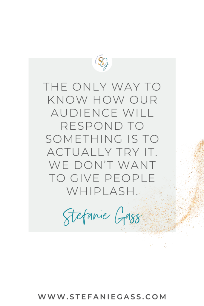 Gray and gold splatter background and quote The only way to know how our audience will respond to something is to actually try it. We don't want to give people whiplash. -Stefanie Gass