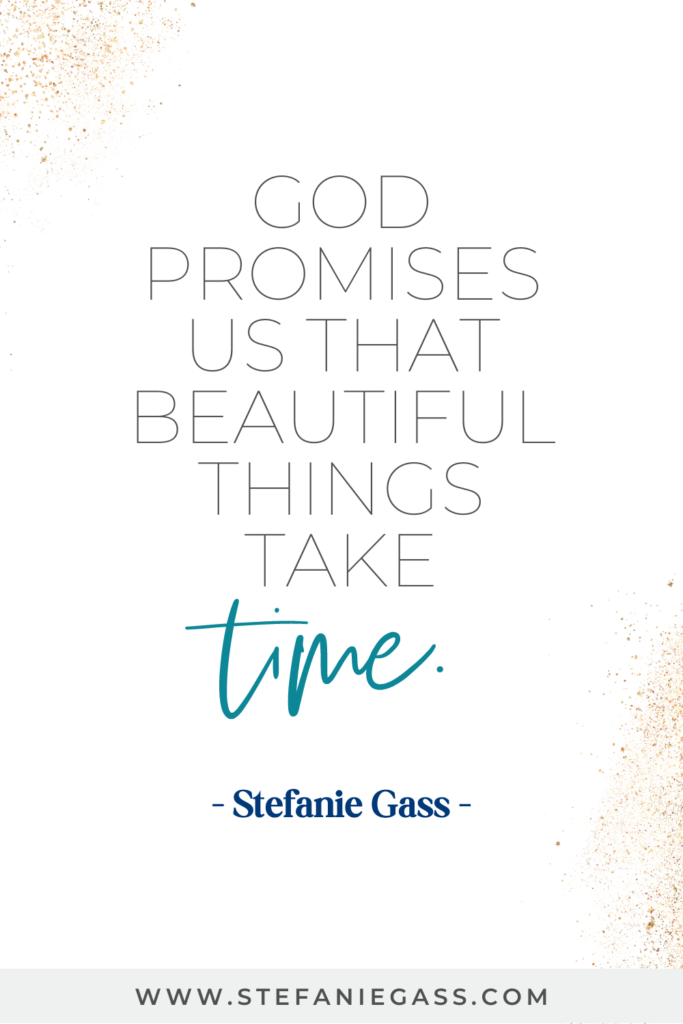 Quote by Stefanie Gass: God promises us that beautiful things take time. The link at the bottom of the graphic is www.stefaniegass.com