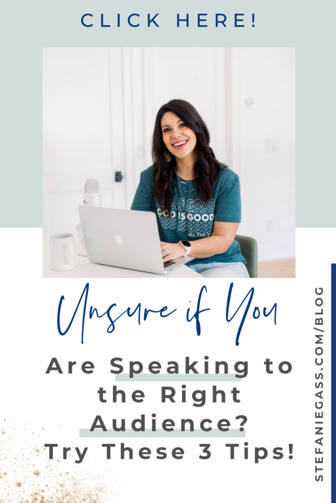 A dark-haired woman is sitting at a laptop with a podcast microphone to the side of the laptop. The title of the graphic is "Unsure if you are speaking to the right audience? Try these 3 tips!" 