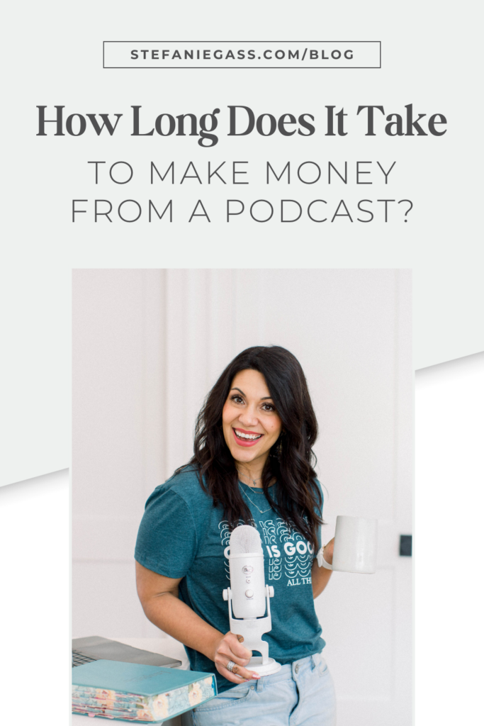 Dark haired woman stands holding her microphone and coffee mug with text: How long does it take to make money from a podcast?