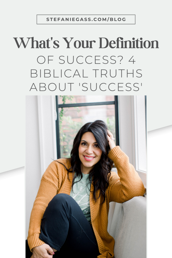 Dark haired woman relaxing on her sofa with text: 4 biblical truths about success.