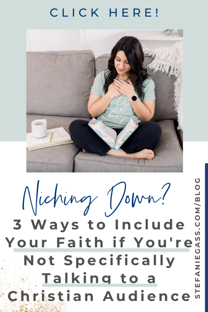 Lady with dark hair sitting on a sofa reading a book with her hands on her chest.  The title of the link is Niching Down? 3 Ways to Include Your Faith if You're Not Specifically Talking to a Christian Audience.  There is a click here button to take you to the link 