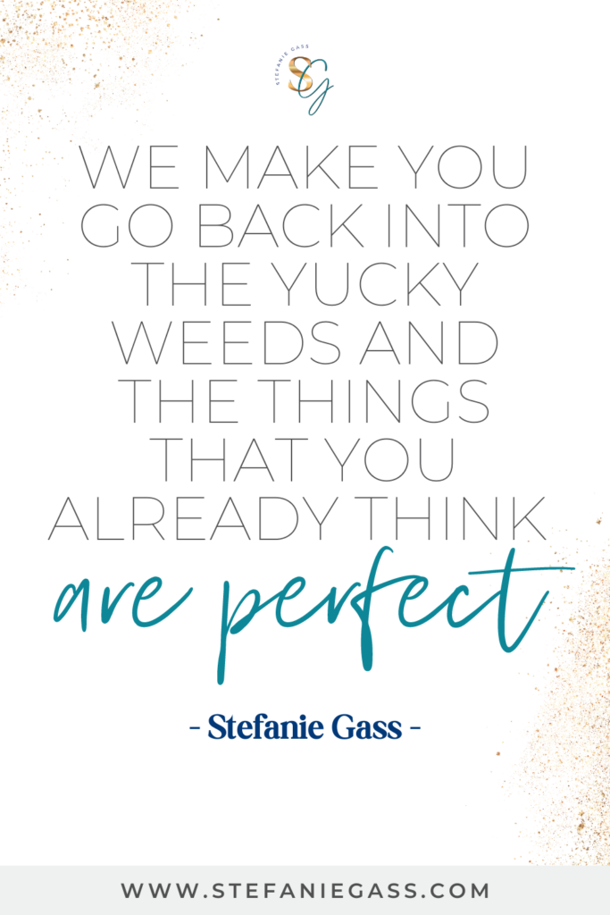 Quote by Stefanie Gass, Online Business Coach on a white background with gold sparkles in the corners.  Quote reads: We make you come back into the yucky weeds and the things that you already think are perfect.  Link mentioned at the bottom is www.stefaniegass.com
