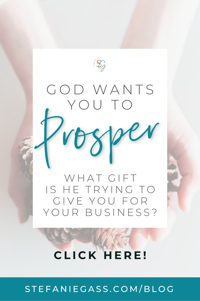 Graphic with an image of hand extended holding a gift of pinecones. Over top of the image is a title that says, "God Wants You to Prosper. What Gift is He Trying to Give You for Your Business?" Link at the bottom is stefaniegass.com/blog