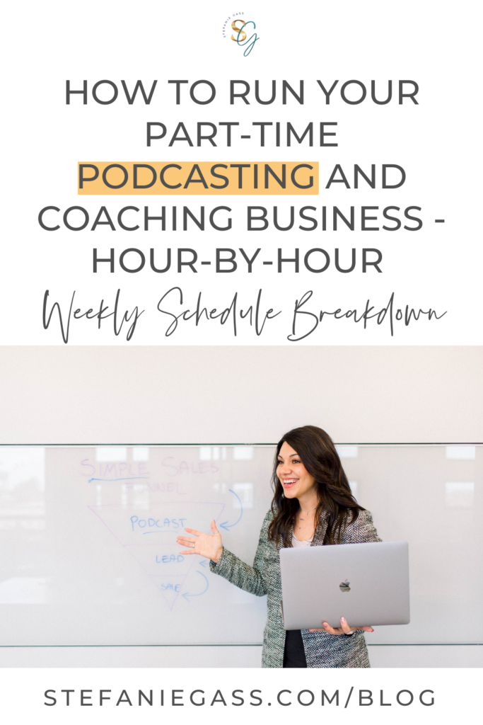 photo of a dark haired woman standing in front of a whiteboard with her laptop and text above the photo reading how to run your part-time podcasting and coaching busines hour-by-hour.
