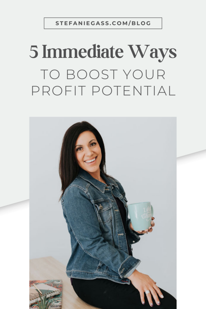 Light blue background with dark-haired woman sitting on a table and wearing a blue dress and jean jacket. The link at the top is stefaniegass.com/blog. Title is “5 Immediate Ways to Boost Your Profit Potential”