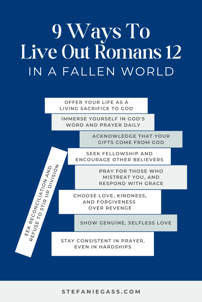 Infographic by Stefanie Gass teaches nine ways to live out Romans 12 in a fallen world, including offering your life as a living sacrifice to God, seeking fellowship with other believers, and staying consistent in prayer, even in hardships. The image title is: Ep-687-How-to-Act-as-Christians-in-a-Fallen-World-Biblical-Roadmap-From-Romans-12-Stefanie-Gass-Infographic