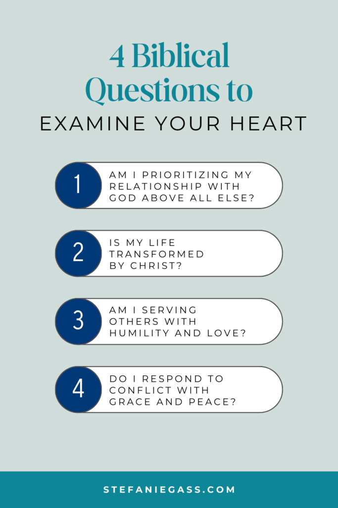 Infographic by Stefanie Gass with four biblical questions to examine your heart. First, ask if you're prioritizing your relationship with God. Second, ask if your life is transformed by Christ. Third, ask if you're serving others with humility and love. And fourth, ask if you respond to conflict with grace and peace. The image title is: Ep-687-How-to-Act-as-Christians-in-a-Fallen-World-Biblical-Roadmap-From-Romans-12-Stefanie-Gass-Infographic