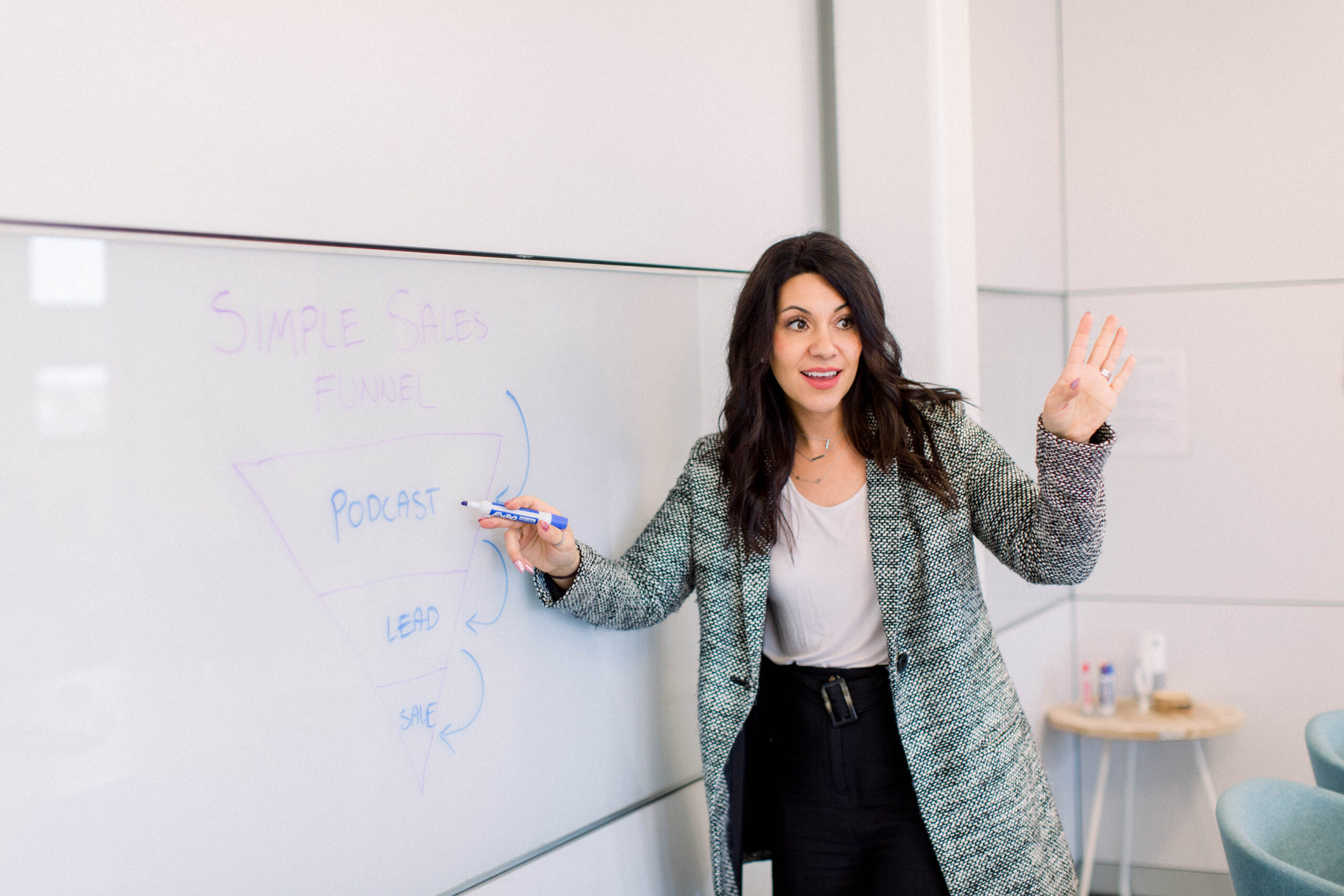 Brown haired woman teaching and instructing at a white board