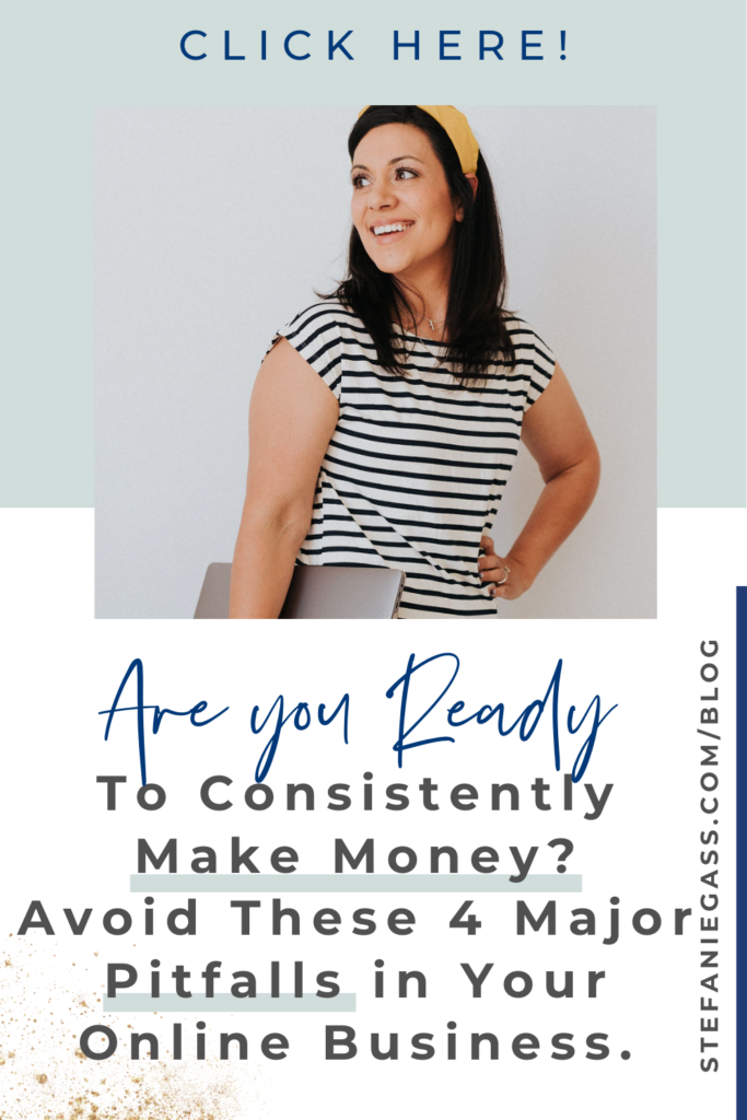 Brown haired woman smiling, looking off to the side, holding a computer. Are you ready to consistently make money? Avoid these 4 major pitfalls in your online business.
