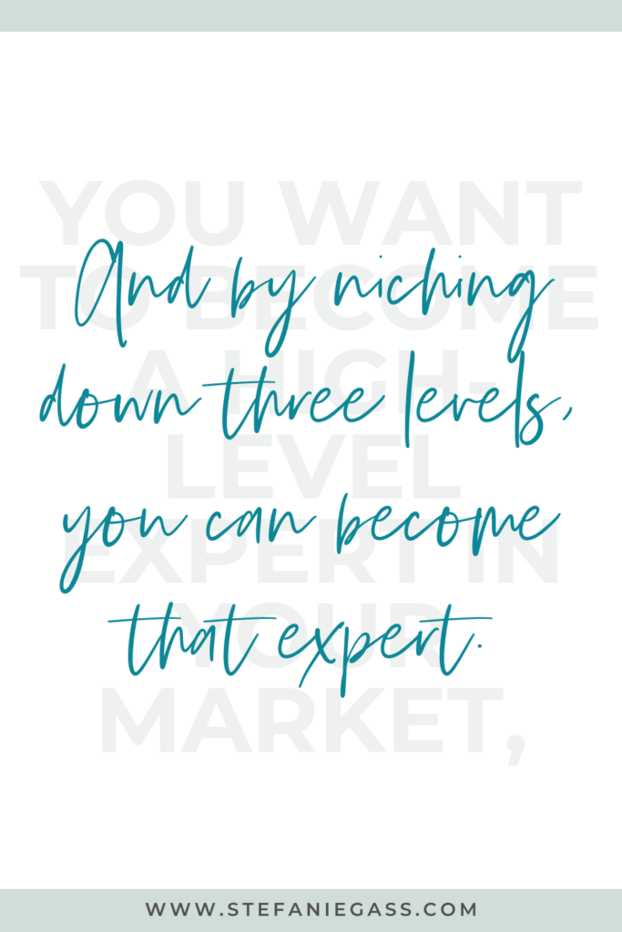 Quote by Stefanie Gass. It says: “You want to become a high-level expert in your market, and by niching down three levels, you can become that expert.” The image title is: Ep-715-four-Reasons-You-are-Not-Making-Consistent-Income-in-Your-Online-Business-Stefanie-Gass-Quote