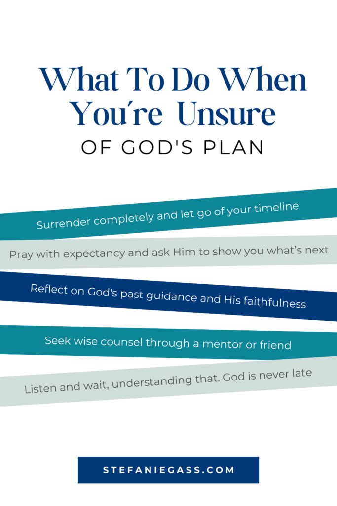 Infographic by Stefanie Gass teaching what to do when you are unsure of God's plan. First surrender, then pray, then reflect, then seek wise counsel, and finally listen and wait. The image title is: Ep-716-My-Personal-Walk-With-God-Interview-With-Michelle-Onuorah-From-the-Prophetic-Listening-Podcast-Stefanie-Gass-Infographic