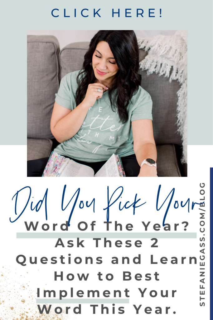 Dark haired woman sitting on couch and reading. Text says: Did you pick your word of the year? Ask these 2 questions and learn how to best implement your word this year.