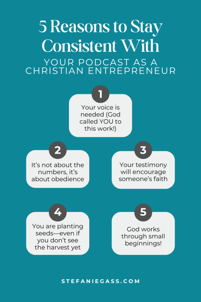 Infographic by Stefanie Gass teaching five reasons to stay consistent with your podcast as a Christian entrepreneur. First, your voice is needed. Second, it's all about being obedient. Third, you can encourage others through your testimony. Fourth, you're planting seeds. And fifth, God works through small beginnings. The image title is: Ep-717-Three-Reasons-Your-Podcast-is-Glorifying-to-God-Stefanie-Gass-Infographic