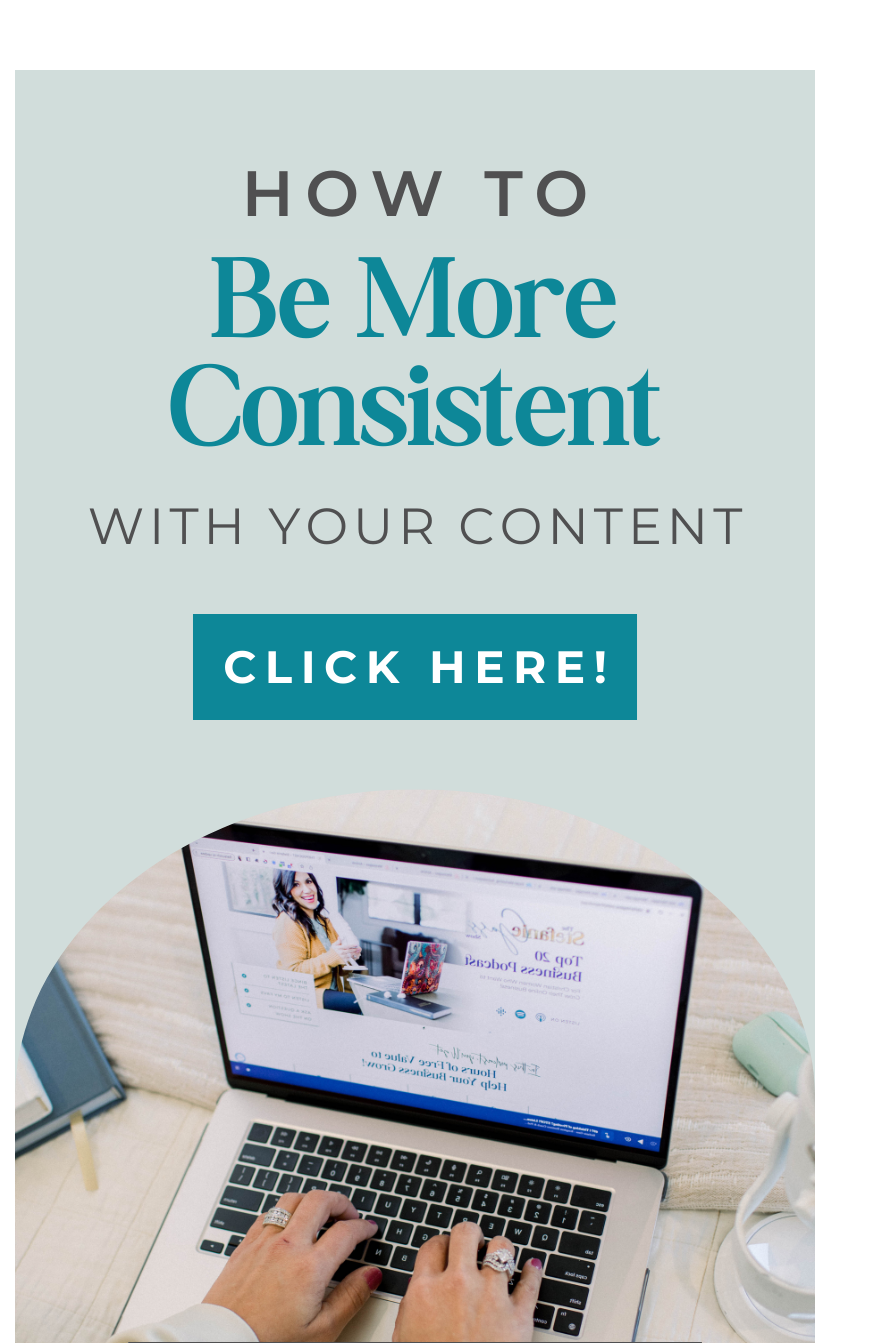 How to Be More Consistent with Your Content . Click here. Small image at the bottom of a laptop with hands typing and a brown haired woman on the screen.