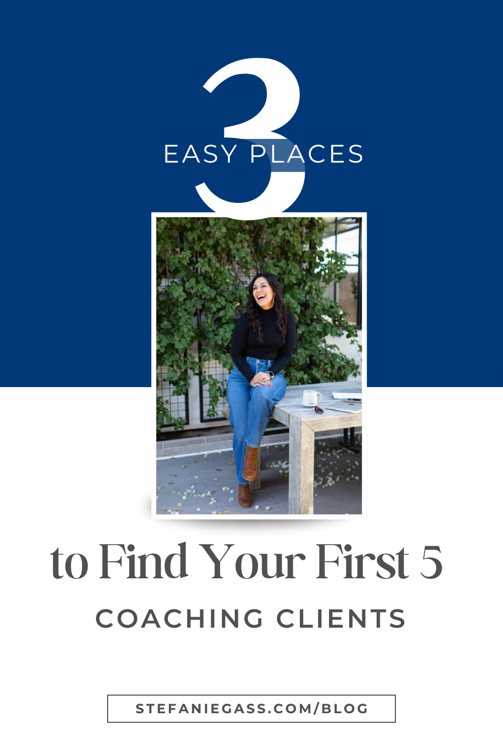 Smiling dark haired woman. Text says " 3 Easy Places to Find Your First 5 Coaching Clients"