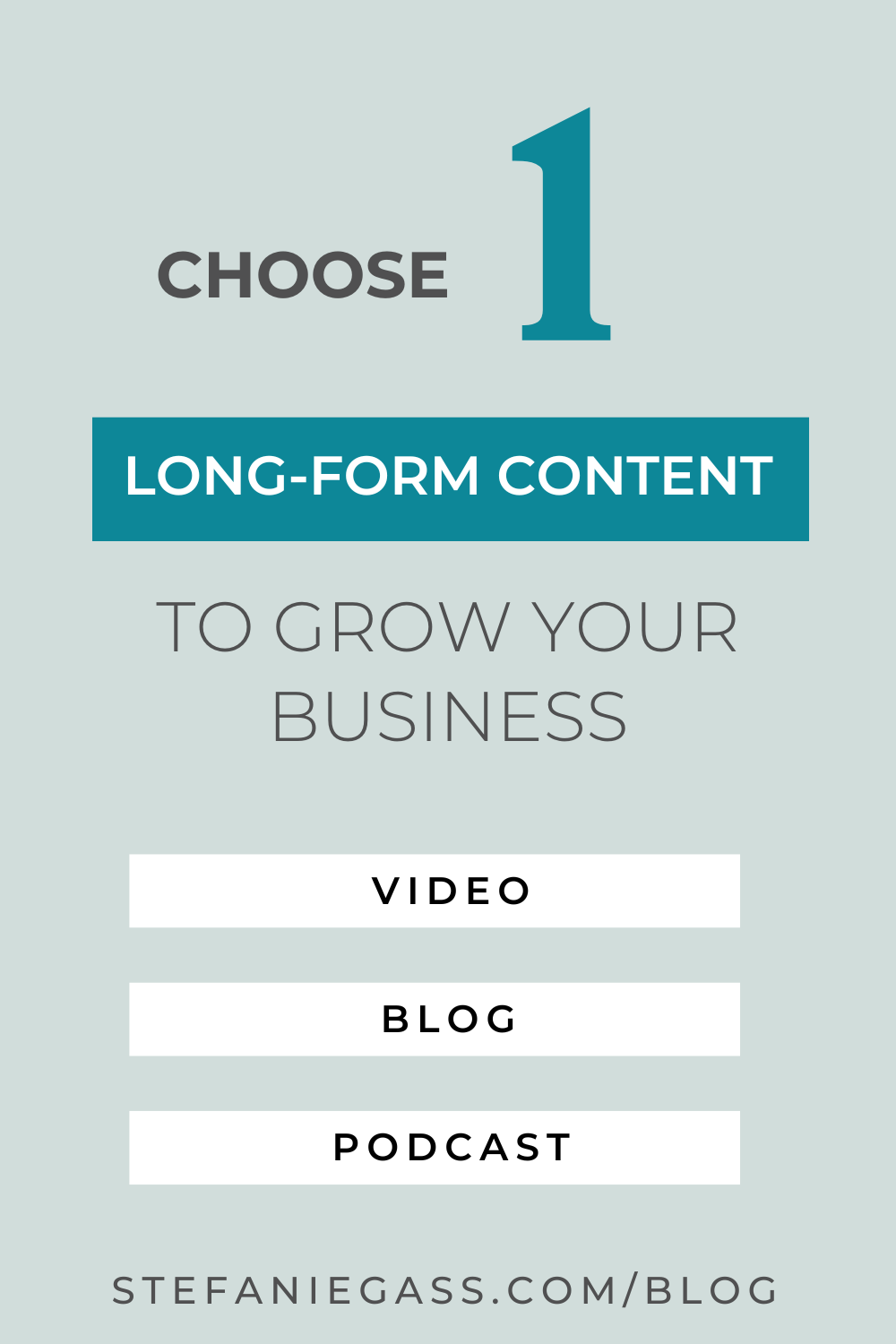 Text reads:  Choose 1 long-form content to grow your business:  Video, Blog, Podcast.  Stefanie Gass Blog