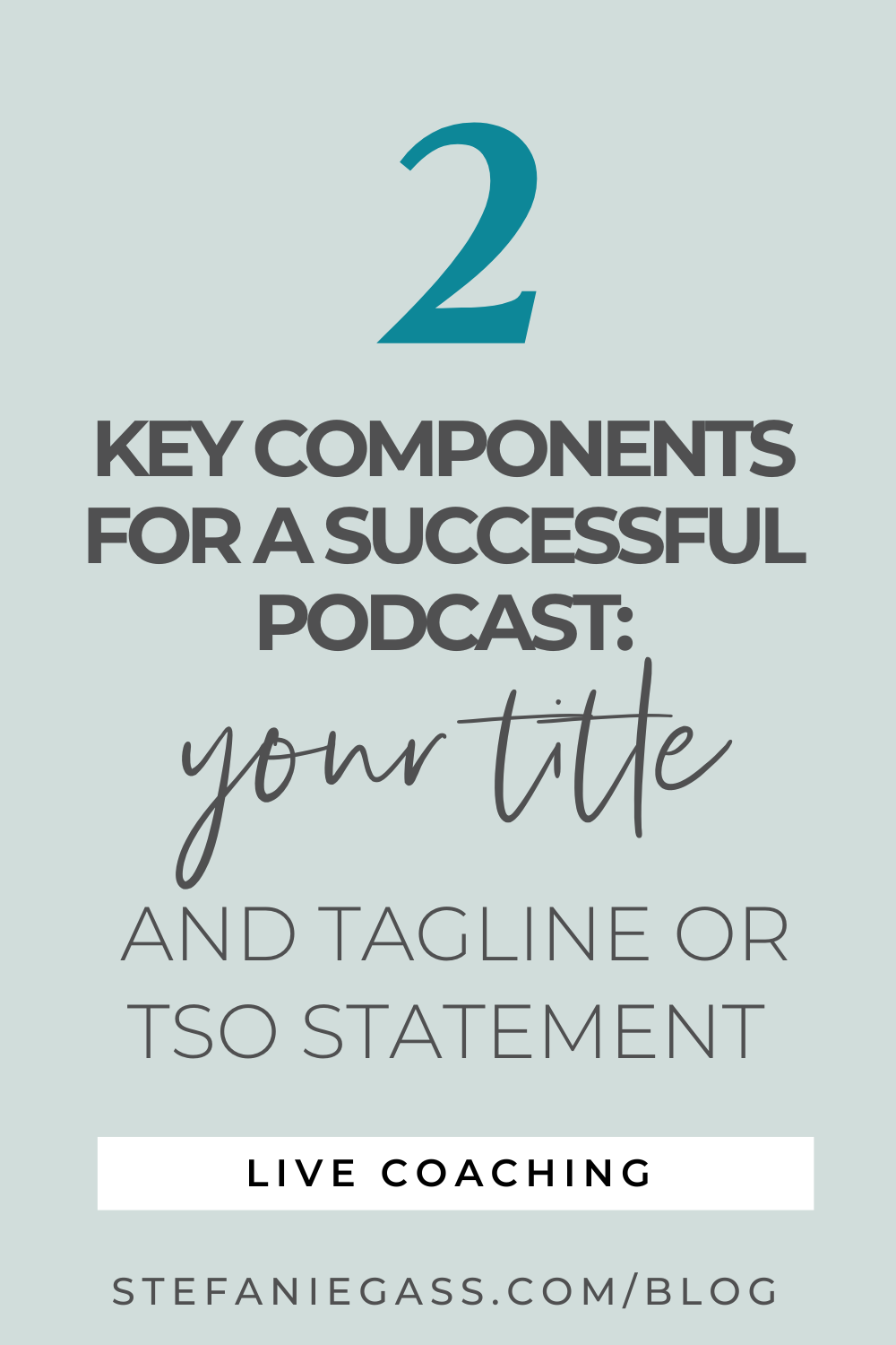 Image text reads: 2 Key Components for a successful podcast: your title and tagline or TSO Statement. Live Coaching Stefanie Gass blog