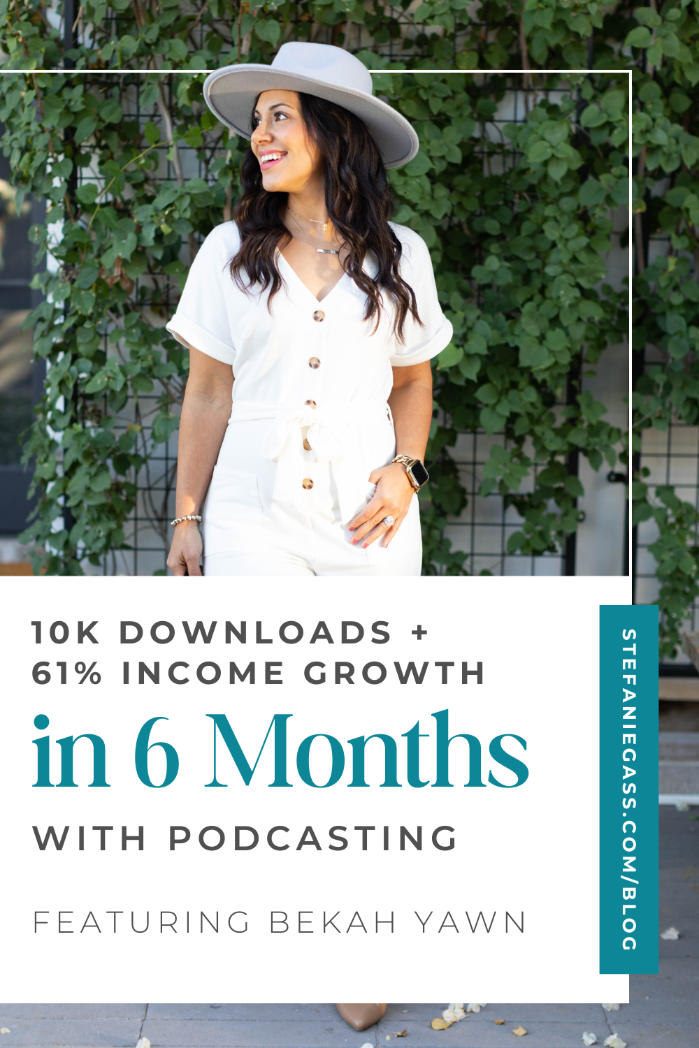 Image is a woman in white with long dark hair. Text says 10k  downloads + 61 % income growth in 6 months with podcasting featuring Bekah Yawn"