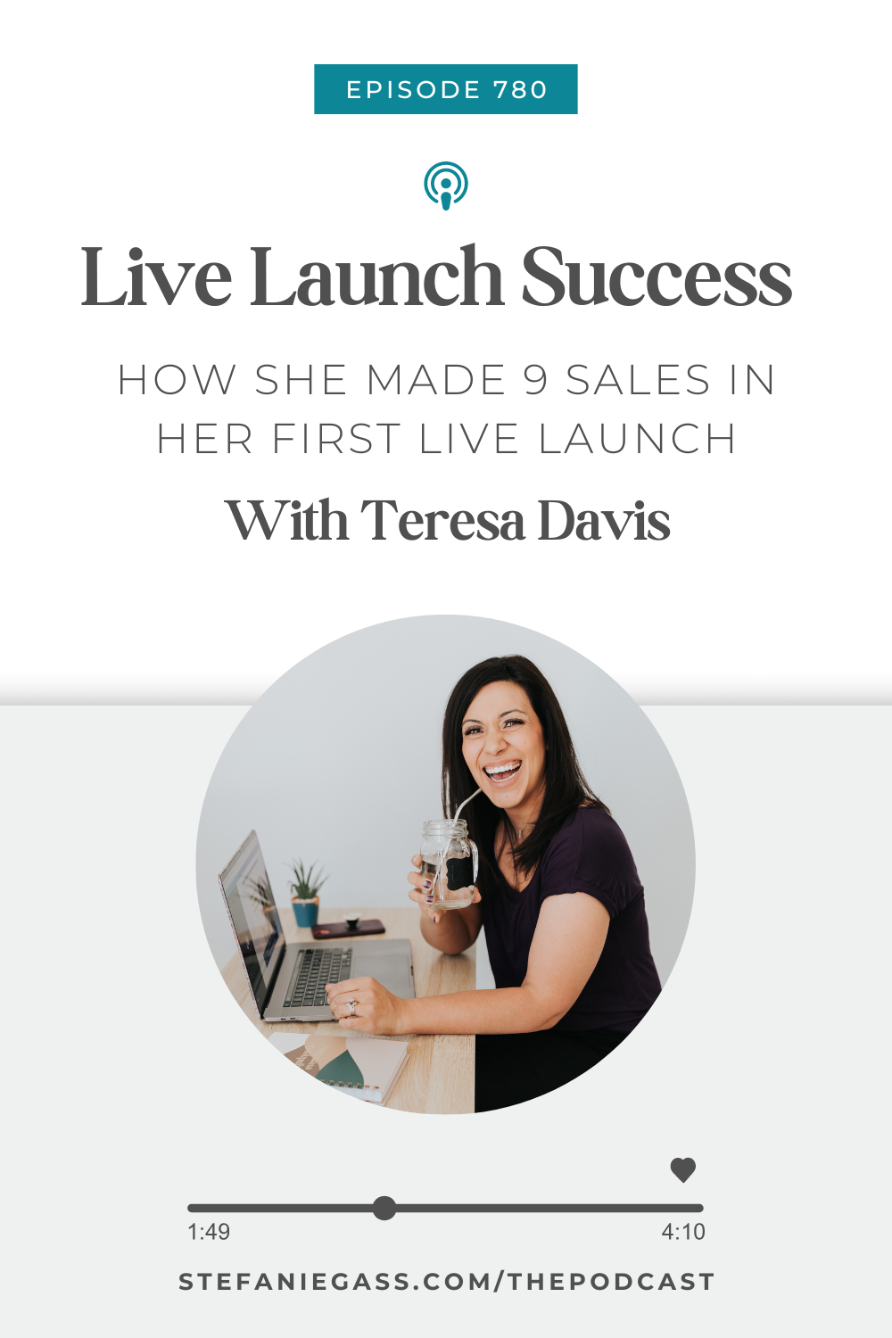 Text says " Live launch success how she made 9 sales in her first live launch with Teresa Davis" Image is a woman with dark hair holding iced coffee while sitting next to her computer. 