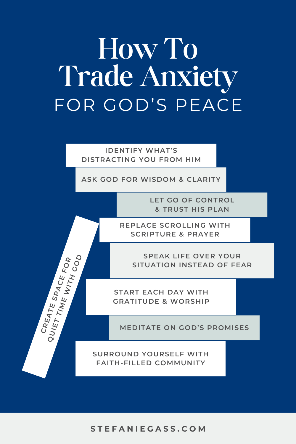 Infographic by Stefanie Gass teaching nine ways to trade anxiety for God's piece. The ways go from identifying what's distracting you, to replacing scrolling with scripture and prayer, to creating space for quiet time with God. The image title is: Ep-782-Is-Your-Anxiety-And-Worry-Coming-From-Divided-Loyalty-Mine-Was-Stefanie-Gass-Infographic