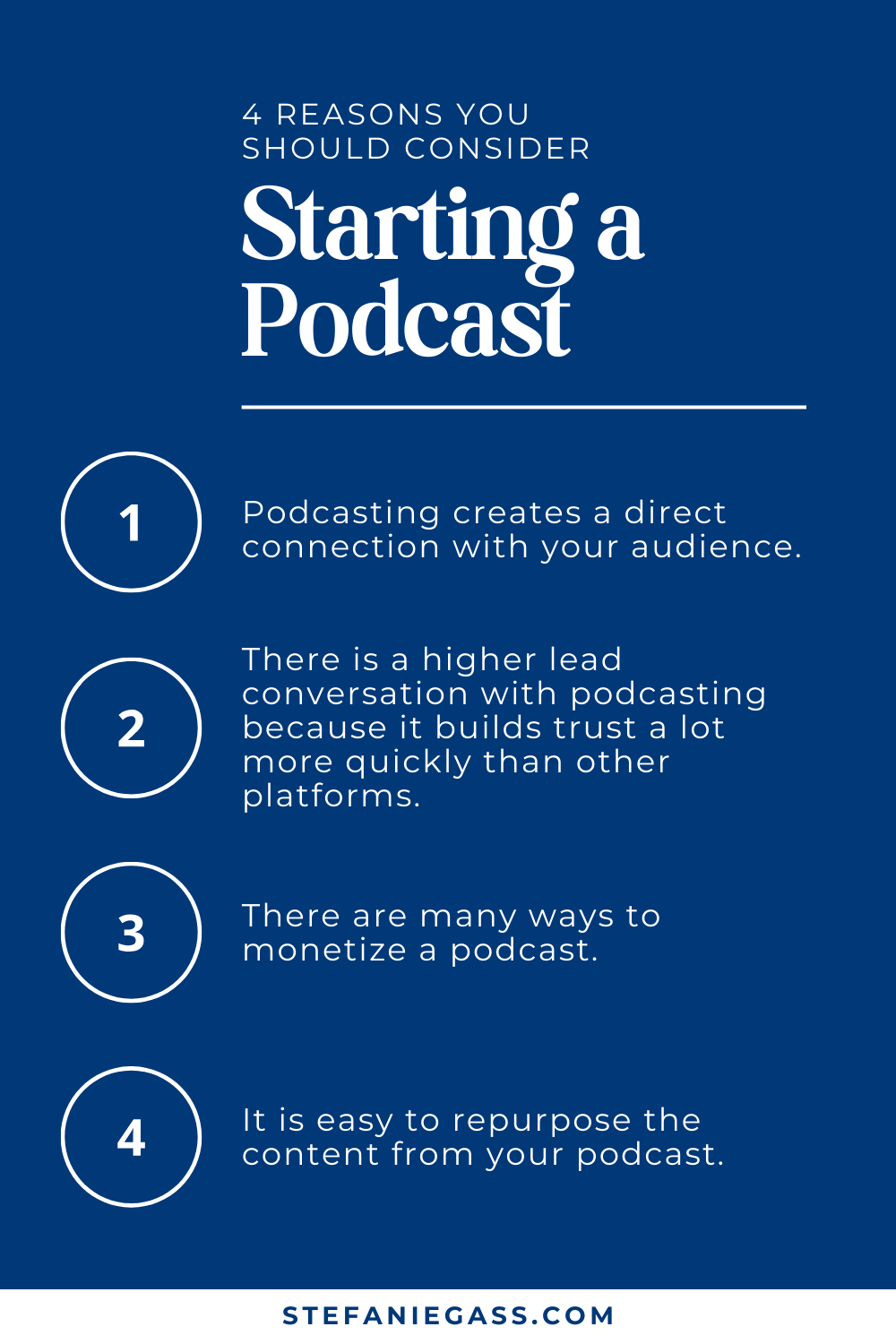 Dark blue infographic with title: 4 Reasons you should consider starting a podcast. 