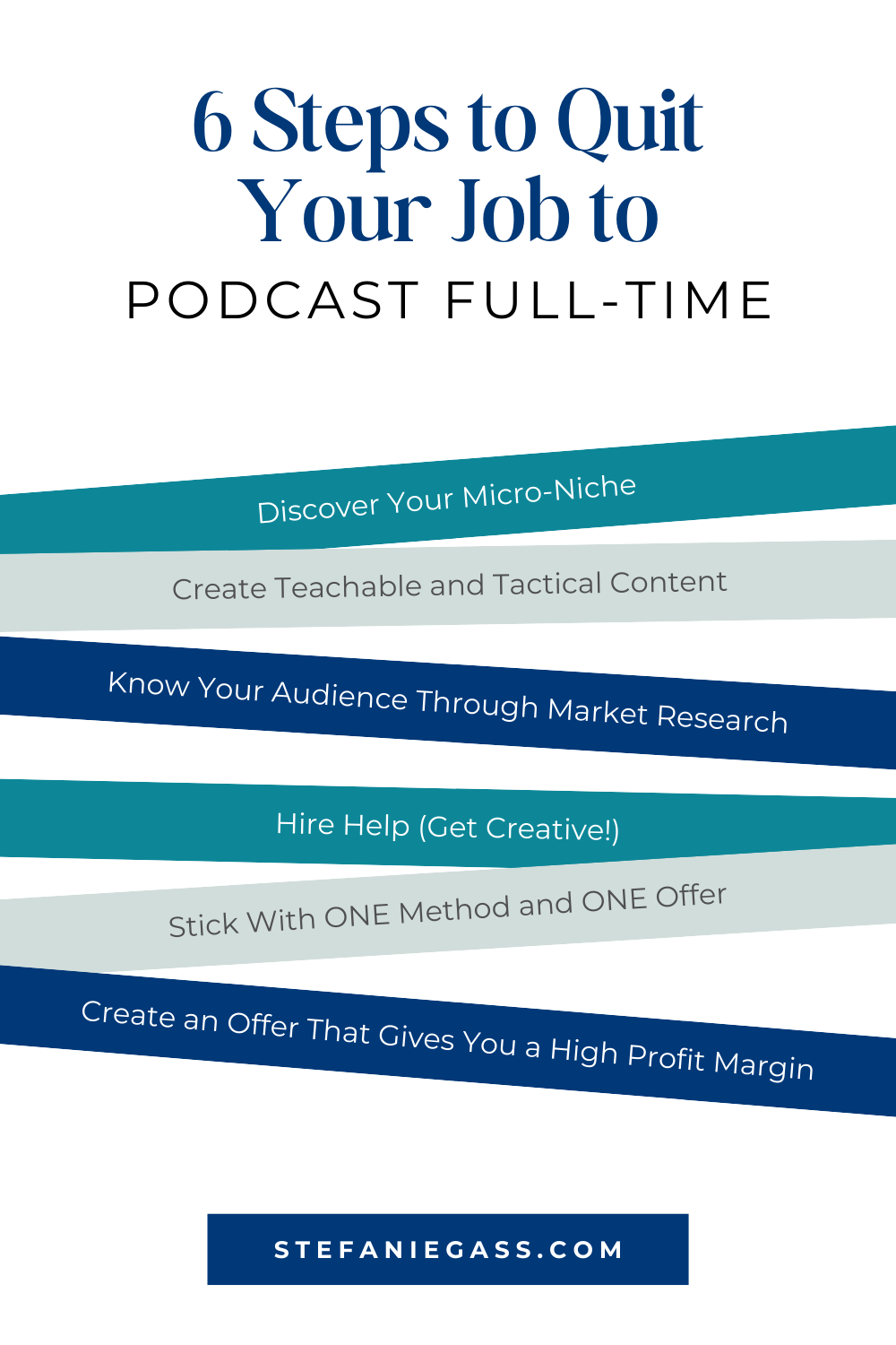 Infographic by Stefanie Gass with six steps to quit your job to become a full-time podcaster. The six steps are: discover your micro-niche, create teachable and tactical content, know your audience through market research, hire help (even if you have to get creative), stick with ONE method and ONE Offer, and create an offer that gives you a high-profit margin. The image title is: Ep-796-How-to-Become-a-Full-Time-Podcaster-6-Steps-to-Monetize-So-You-Can-Quit-Your-Job-Stefanie-Gass-Infographic