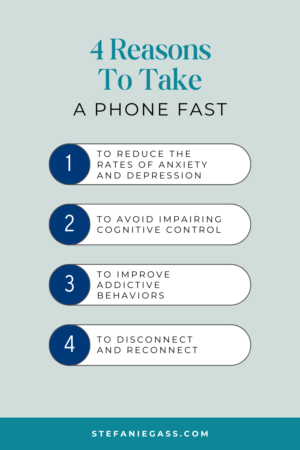 Infographic by Stefanie Gass with four reasons to take a phone fast. The reasons include reduction of anxiety, avoiding impairing cognitive control, improving addictive behaviors, and disconnecting to reconnecting. The title image is: Ep-807-Disconnect-to-Reconnect-A-7-Day-Phone-Fast-Guide-Stefanie-Gass-Infographic