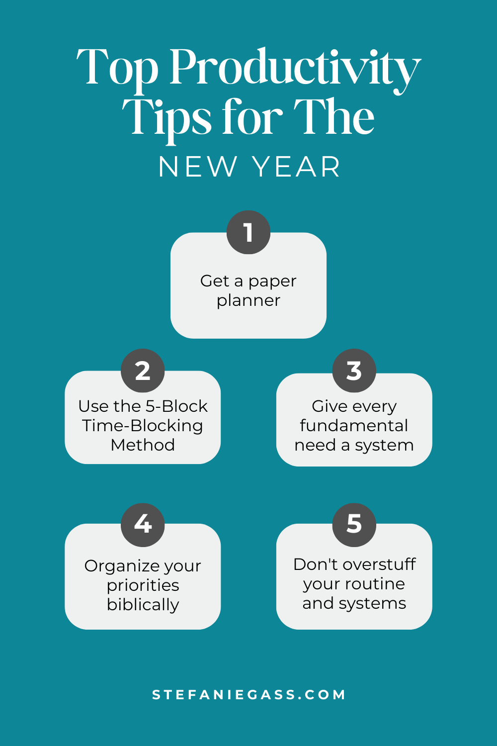 Infographic by Stefanie Gass about top productivity tips for the new year. The five tips are getting a paper planner, using the 5-Block Time-Blocking Method, giving every fundamental need a system, organizing your priorities biblically, and avoiding overstuffing your routine with unnecessary systems. The image title is: Ep-813-Build-Systems-and-Get-Organized-with-Chelsi-Jo-Moore-New-Year-New-You-Stefanie-Gass-Infographic