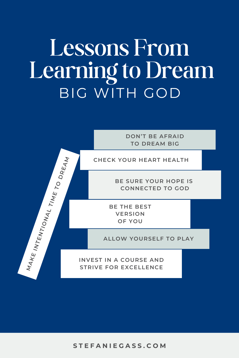 Infographic by Stefanie Gass with seven lessons from learning to dream with God. The seven lessons include dreaming big, checking your heart health, connecting your hope to God, being the best version of yourself, allowing yourself to play, making time to dream, and investing in your growth. The image title is: Ep-815-Dream-With-God-and-Find-A-Fresh-Vision-With-Polly-Payne-New-Year-New-You-Stefanie-Gass-Infographic