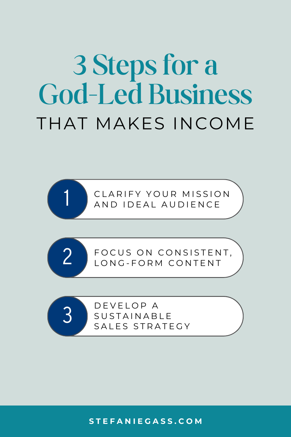 Infographic by Stefanie Gass about three steps for a God-less business that makes income. The first step is to clarify your mission and audience. The second step is to focus on long-form content consistently. The third step is to design a sustainable sales strategy. The image title is: Ep-818-Three-Must-Dos-for-a-God-Led-Business-in-2025-That-Makes-Income-Stefanie-Gass-Infographic