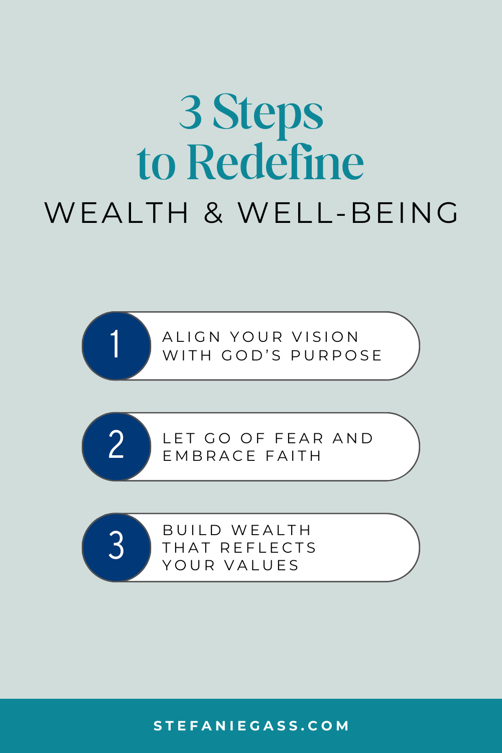 Infographic by Stefanie Gass teaching three steps to redefine health and well-being. The steps are aligning your vision with God's purpose, letting go of fear and embracing faith instead, and building wealth that reflects your values. The image title is: Ep-819-Redefining-Wealth-and-Well-Being-With-Patrice-Washington-Stefanie-Gass-Infographic