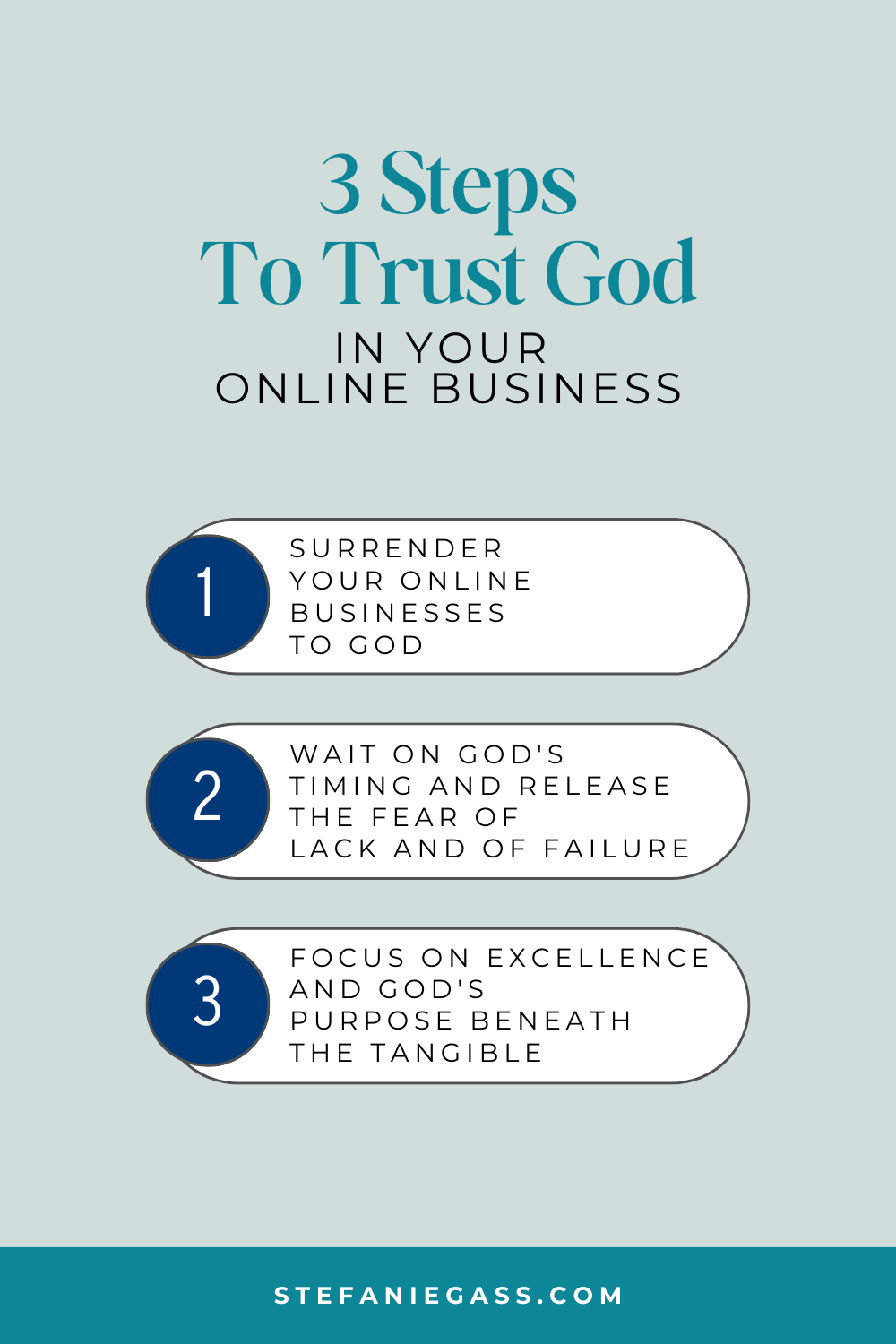 Infographic by Stefanie Gass about three steps to Trust God in your online business. First surrender, then wait on God's timing, and then focus on excellence. The image title is: Ep-822-How-to-Trust-God-With-Your-Online-Business-Stefanie-Gass-Infographic-4