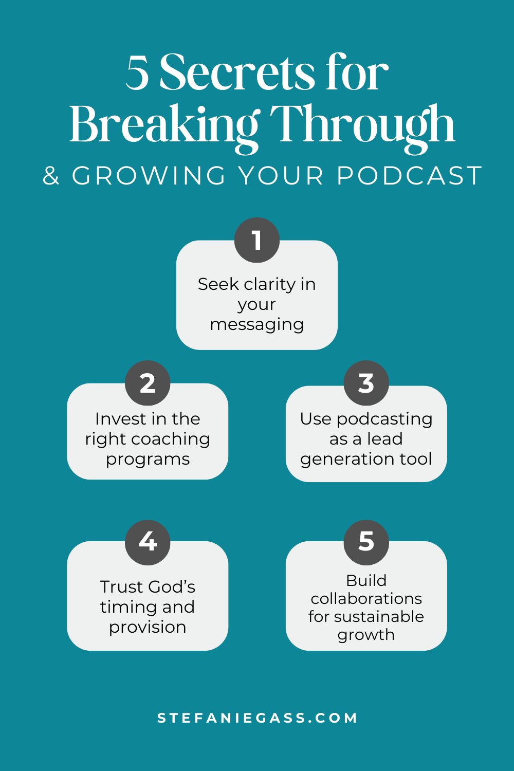 Infographic by Stefanie Gass teaching five secrets to breaking through and growing your podcast. You have to clarify your messaging, invest in the right coaching programs, see podcasting as a lead-generation tool, trust God's timing and provision, and then build collaborations. The image title is: Ep-823-From-First-Sale-to-TV-Spot-Heather-O'Brien-Journey-to-900-percent-Podcast-Growth-Stefanie-Gass-Infographic