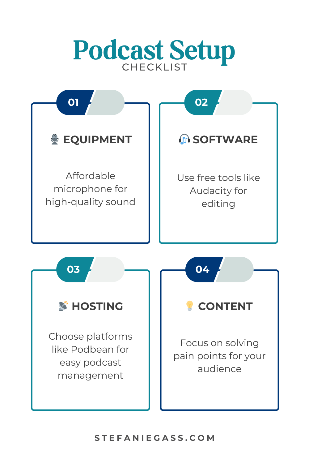 Infographic by Stefanie Gass about four elements needed to set up your podcast. The elements are equipment, software, hosting, and content. The image title is: How-to-Start-a-Successful-Podcast-The-Checklist-Stefanie-Gass-Infographic