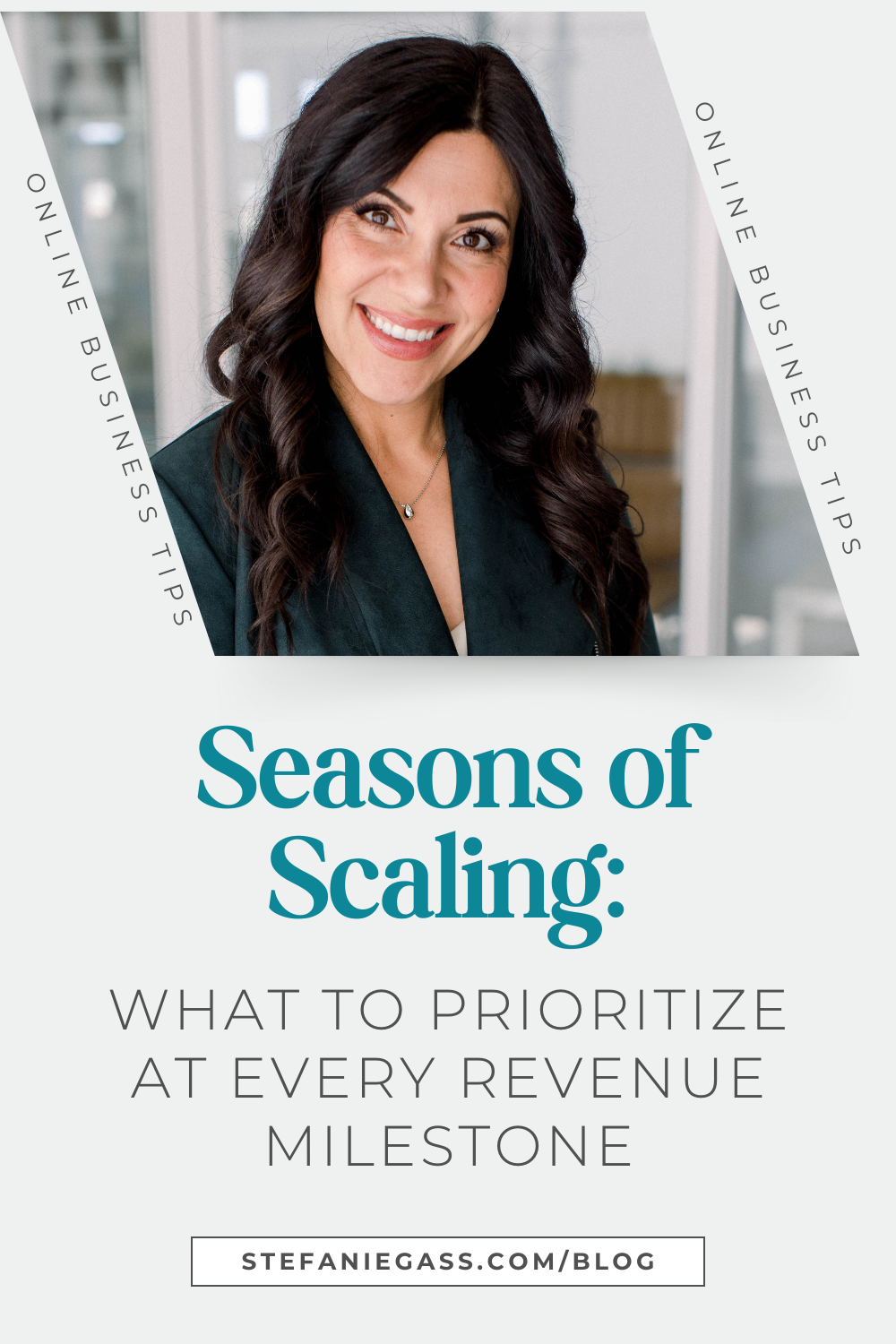 Graphic by Stefanie Gass where she, a dark-haired woman, is looking at the camera smiling. She's wearing a dark green blazer. The image title is: Ep-828-Seasons-of-Scaling-What-to-Prioritize-at-Every-Revenue-Milestone-Stefanie-Gass-Branded