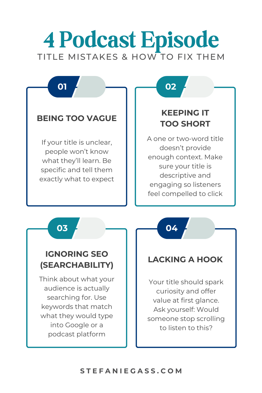 Infographic by Stefanie Gass with four podcast episode title mistakes and how to fix them. The four mistakes are being too vague, keeping it too short, ignoring searchability, and lacking a hook. The image title is: Ep-829-Podcasting-Basics-and-Tips-for-Business-Beginners-Stefanie-Gass-Infographic