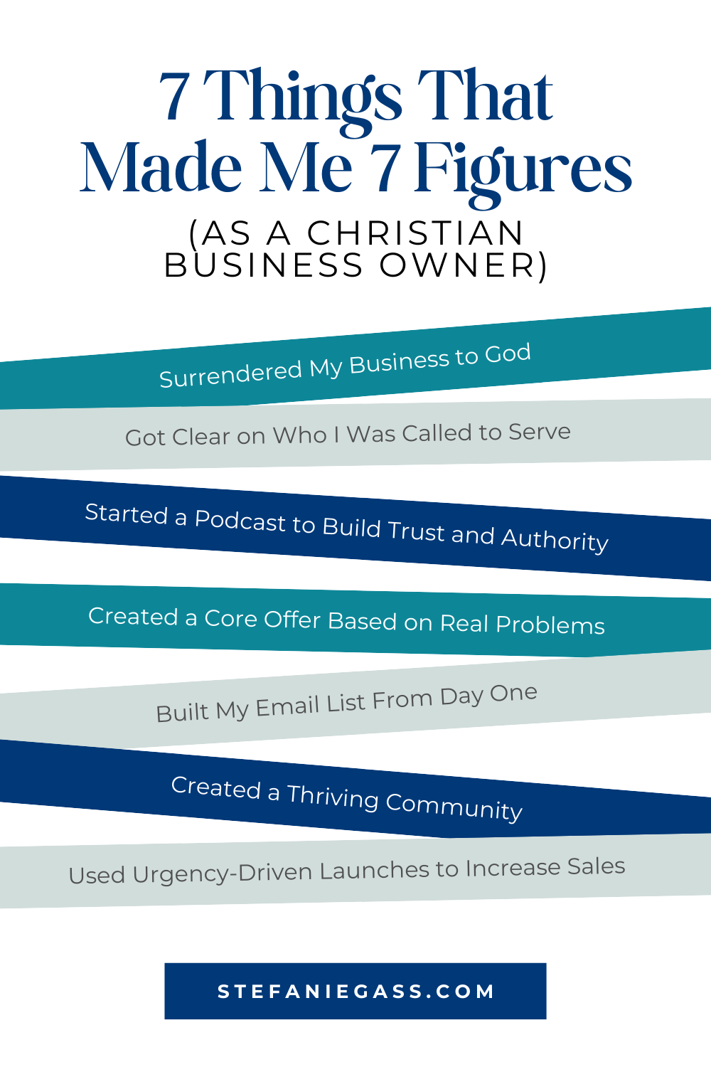 Infographic by Stefanie Gass teaching seven things that made her seven figures as a Christian business owner. It goes from surrendering her business to God to using urgency-driven launches to increase sales. The image title is: Ep-830-7-Things-That-Made-Me-7-Figures-as-a-Christian-Business-Owner-Stefanie-Gass-Infographic