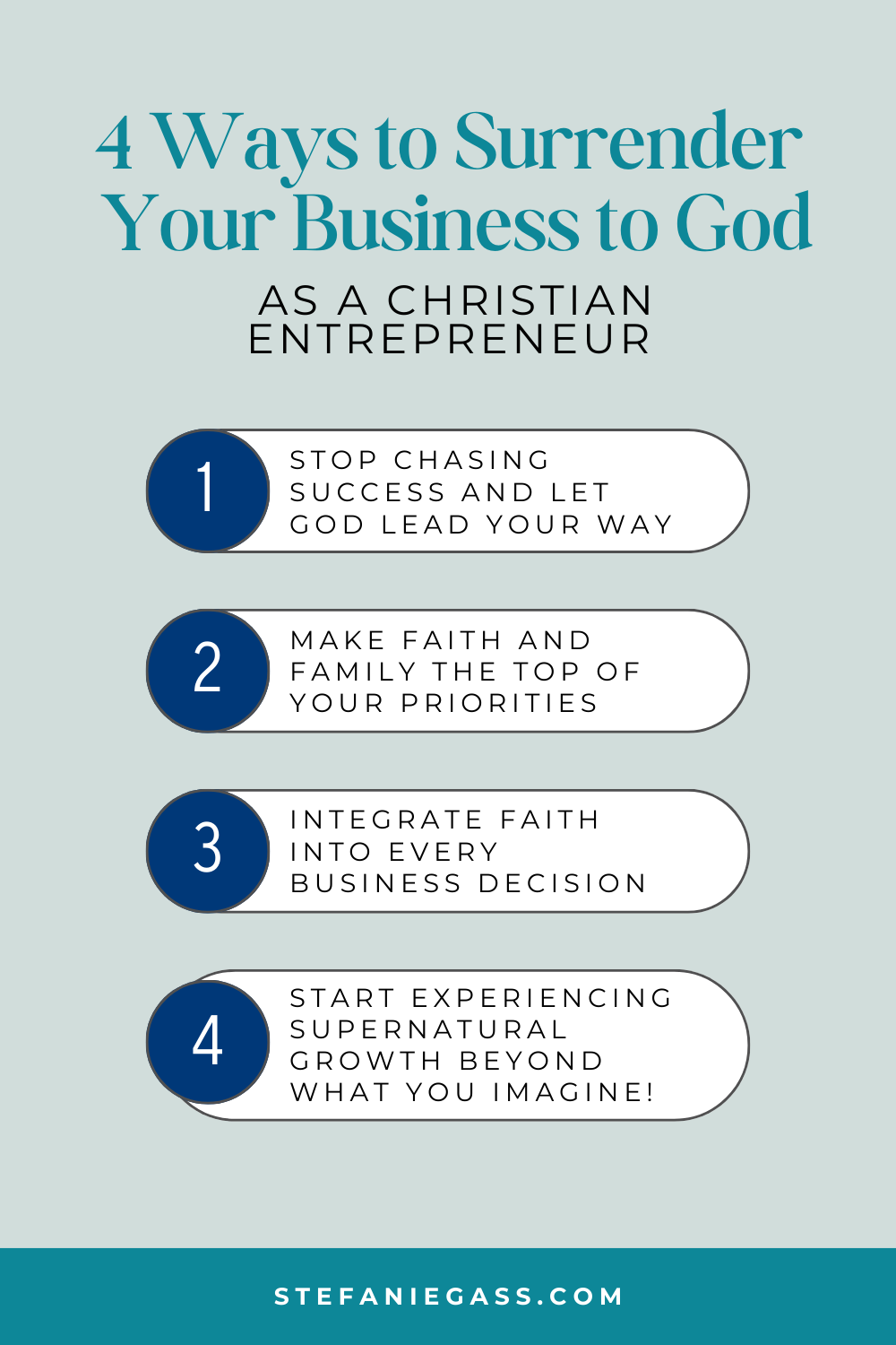 An infographic by Stefanie Gass teaches four ways to surrender your business to God as a Christian entrepreneur. The four ways are to stop chasing success, make faith and family your top priorities, integrate faith into every business decision, and start to experience supernatural growth. The image title is: Ep-830-7-Things-That-Made-Me-7-Figures-as-a-Christian-Business-Owner-Stefanie-Gass-Infographic