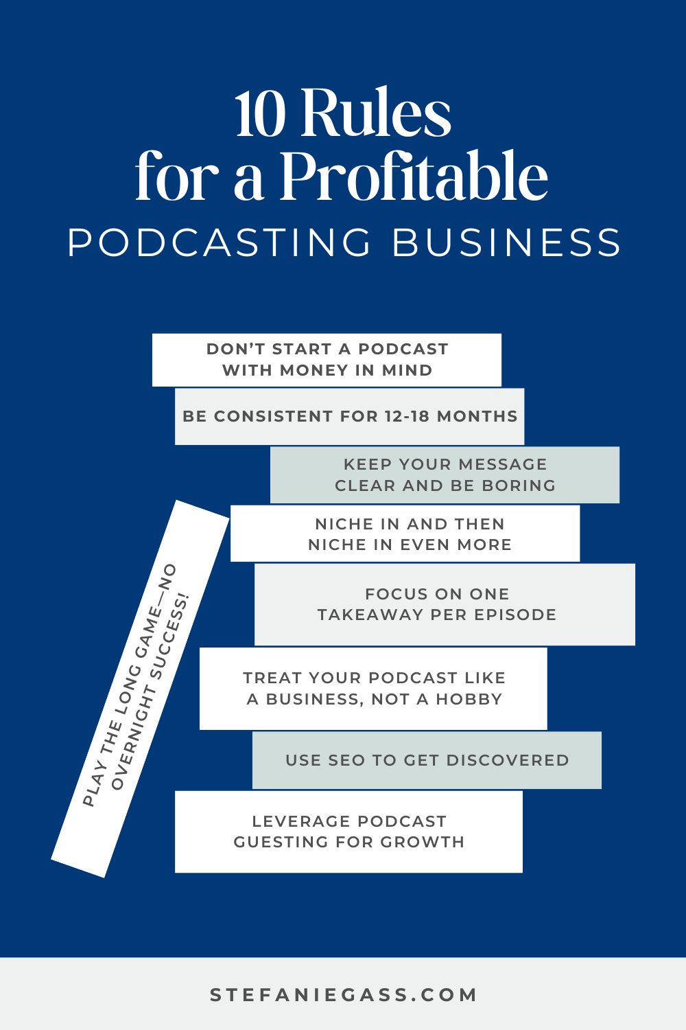 Infographic by Stefanie Gass teaching ten rules for a profitable podcasting business. The rules go from not starting with money in mind, to focusing on one takeaway per episode, to playing the long game. The image title is: Ep-831-Ten-Rules-for-a-Profitable-and-Peaceful-Podcasting-Business-Stefanie-Gass-Infographic