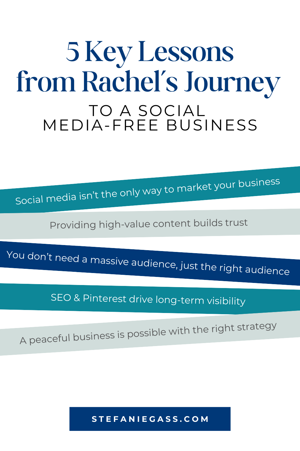 Infographic by Stefanie Gass sharing five key lessons from Rachel's journey to a social media-free business. The lessons include that social media isn't the only way to market your business, that you don't need a massive audience, that you can build a peaceful business with the right strategy, and more. The image title is: Ep-832-How-Rachel-DeSonier-Landed-Clients-Without-Social-Media-Stefanie-Gass-Infographic