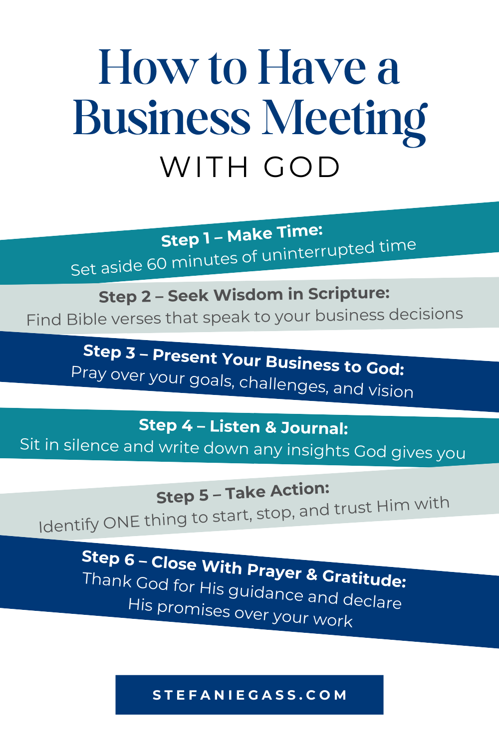 Infographic by Stefanie Gass teaching six steps to have a business meeting with God. The steps are to make time, seek wisdom in scripture, present your business to God, listen & journal, take action, and close with prayer. The image title is: Ep-835-How-to-Have-a-Business-Meeting-With-God-Stefanie-Gass-Infographic